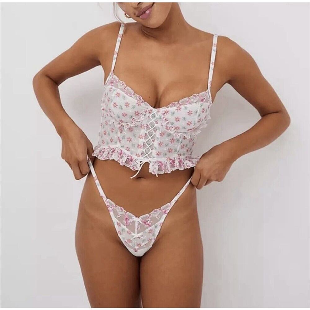 For Love & Lemons Blooms Bustier White Pink Floral Embroidered Lace Size 36D